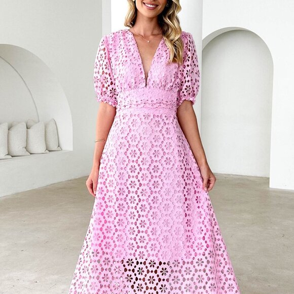Eyelet Lace V-Neck Midi Dress with Puff Sleeves | New Formal Dress w/ Zip Back - Picture 1 of 9